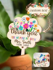1pc Customized Text Floral Wooden Plant Marker, Thank You Teacher Garden Stake, Personalized Name Custom Flower Pot Insert, Ideal Teacher Appreciation, End Of Semester And Back To School Educator Gift - Multicolor - View 1