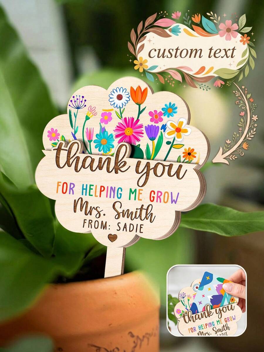 1pc Customized Text Floral Wooden Plant Marker, Thank You Teacher Garden Stake, Personalized Name Custom Flower Pot Insert, Ideal Teacher Appreciation, End Of Semester And Back To School Educator Gift - Multicolor - View 1