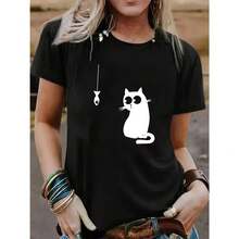 Camiseta de manga corta casual de verano de primavera con estampa de pesca de gato para mujeres con cuello redondo suelto - [Negro] - Ver 10