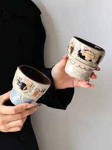 1個可愛手持陶瓷咖啡杯，美拉德療癒風手工捏製不對稱陶瓷杯，個性化可愛貓咪設計與不對稱杯緣，適合沖泡咖啡、拿鐵、卡布奇諾，夏季手持杯 - 彩色 - 查看 6