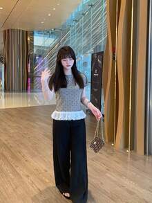 女款春季韓風圓點套頭短袖T恤，設計感小眾蕾絲拼接上衣，夏季服飾 - 深灰色 - 查看 7
