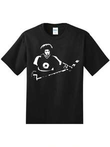 Retro Style Graphic Hockey T-Shirt, Slap Shot Ogie Ogilthorpe Movie - Men's High Quality Cotton, Size 90, Black, White Hockey Player Action Print - Black - View 2