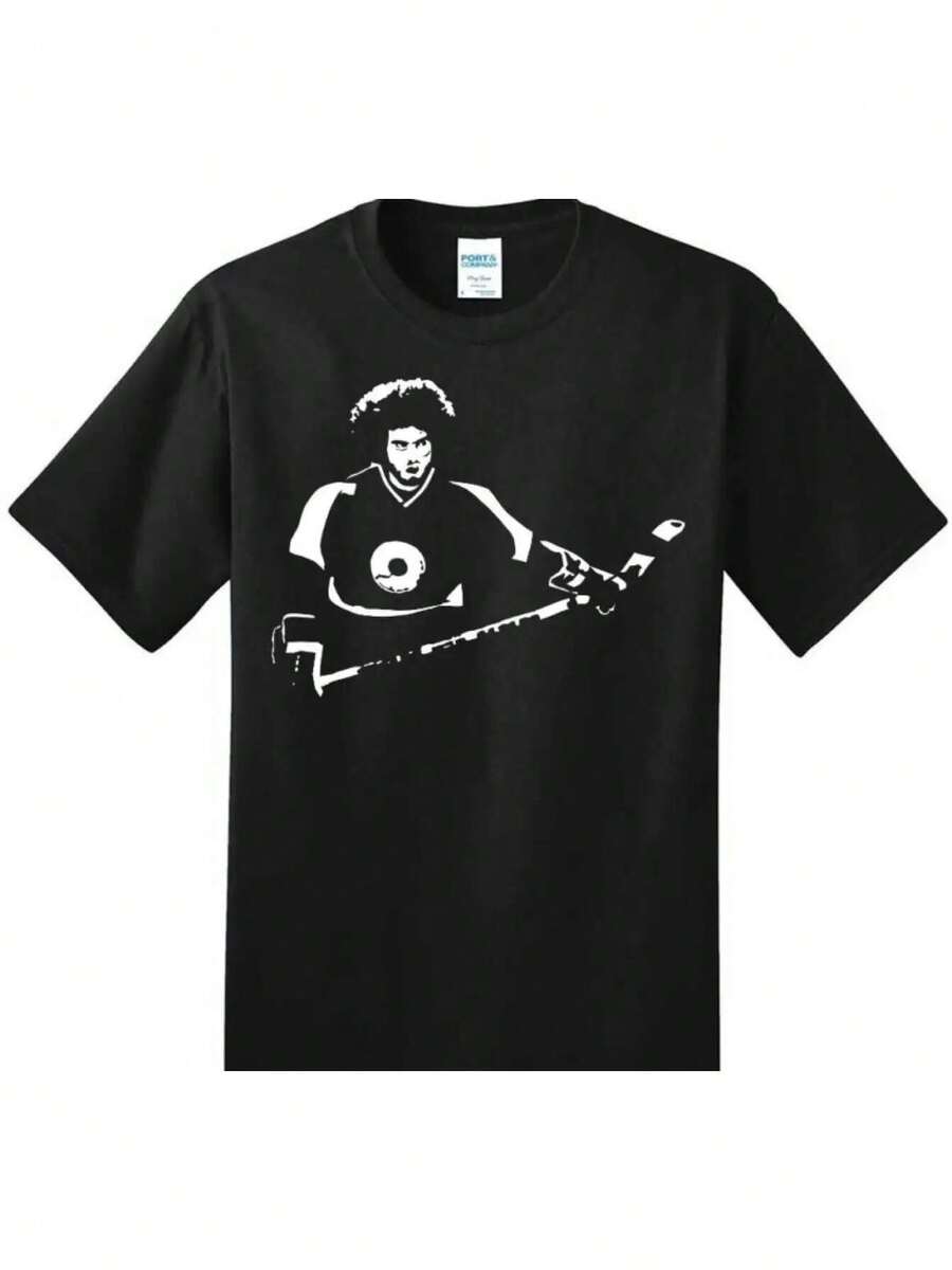 Retro Style Graphic Hockey T-Shirt, Slap Shot Ogie Ogilthorpe Movie - Men's High Quality Cotton, Size 90, Black, White Hockey Player Action Print