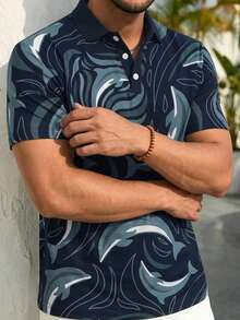 Men's Casual Everyday Dolphin Print Short Sleeve Polo Shirt, Summer - Multicolor - View 3