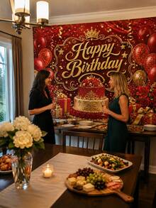 1 buah Latar Belakang Selamat Ulang Tahun Merah & Emas, Latar Belakang Pesta Poliester Mewah dengan Mahkota, Kue, Balon, Mawar, dan Pola Kotak Hadiah, Cocok untuk Ulang Tahun Pria & Wanita Dewasa, Stan Foto, Meja Hidangan Penutup, Aula Perjamuan, dan Dekorasi Perayaan di Rumah - Beraneka warna - View 8