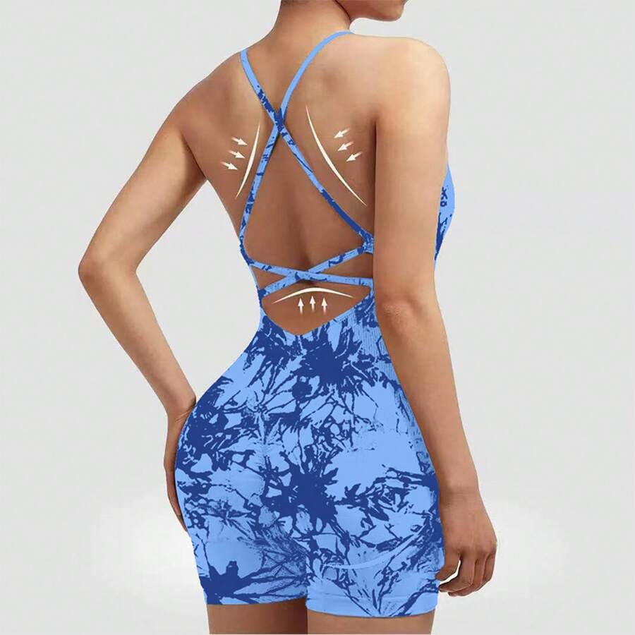 Women's Ribbed Yoga Bodysuit With Crisscross Back And Cutouts, One-Piece Sports Jumpsuit With High Cut And Butt Lifting Effect, Available In 16 Colors - 紮染藍色 - 查看 1
