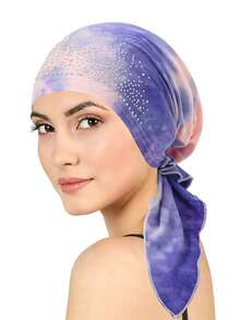 Rhinestone Decor Tie Dye Pre-Tied Hijab For Women, Elastic Stretch Islamic Headscarf Turban Cap, Soft Hair Loss Head Wrap Head Cover - Color - View 12