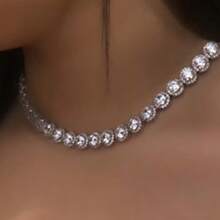 Unisex Luxury Shiny Round Cuban Link Necklace, Sparkling Gold & Silver Full Rhinestone Tennis Chain Hip Hop Jewelry - Round - View 3