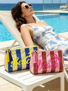 Colorful Striped Tassel Zipper Palm Tree Print Waterproof PVC Makeup Bag, Portable Travel Cosmetic Storage Bag, Multi-Functional Toiletry Bag, Perfect For Beach, Swimming Pool, Cruise And Holiday Essentials, Suitable For Summer Lovers, Unique Teacher's Day Gift, Birthday Gift, Holiday Gift, Party Gift, Vacation Gift, Back To School Gift - Multicolor - View 1