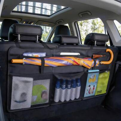 1pc Car Trunk Storage Bag Mesh Organizer Bag SUV MPV Tailgate Rear Seat Storage Bag Umbrella Holder Racket Holder