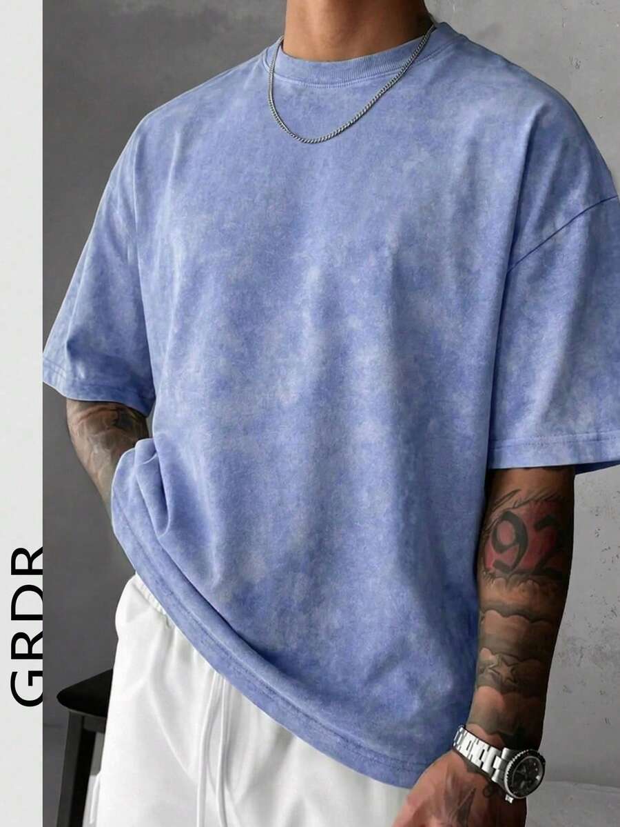 GRDR 男士纯色水洗短袖T恤,舒适透气,适合夏季穿着 - 淺藍色 - 查看 1