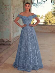 Faeriesty Women's Sparkling Sexy Off Shoulder Long Sequin Dress, Elegant Flared Hem Design, Suitable For Formal Occasions Such As Galas, Balls, And Dinners Wedding Party - Dusty Blue - View 2