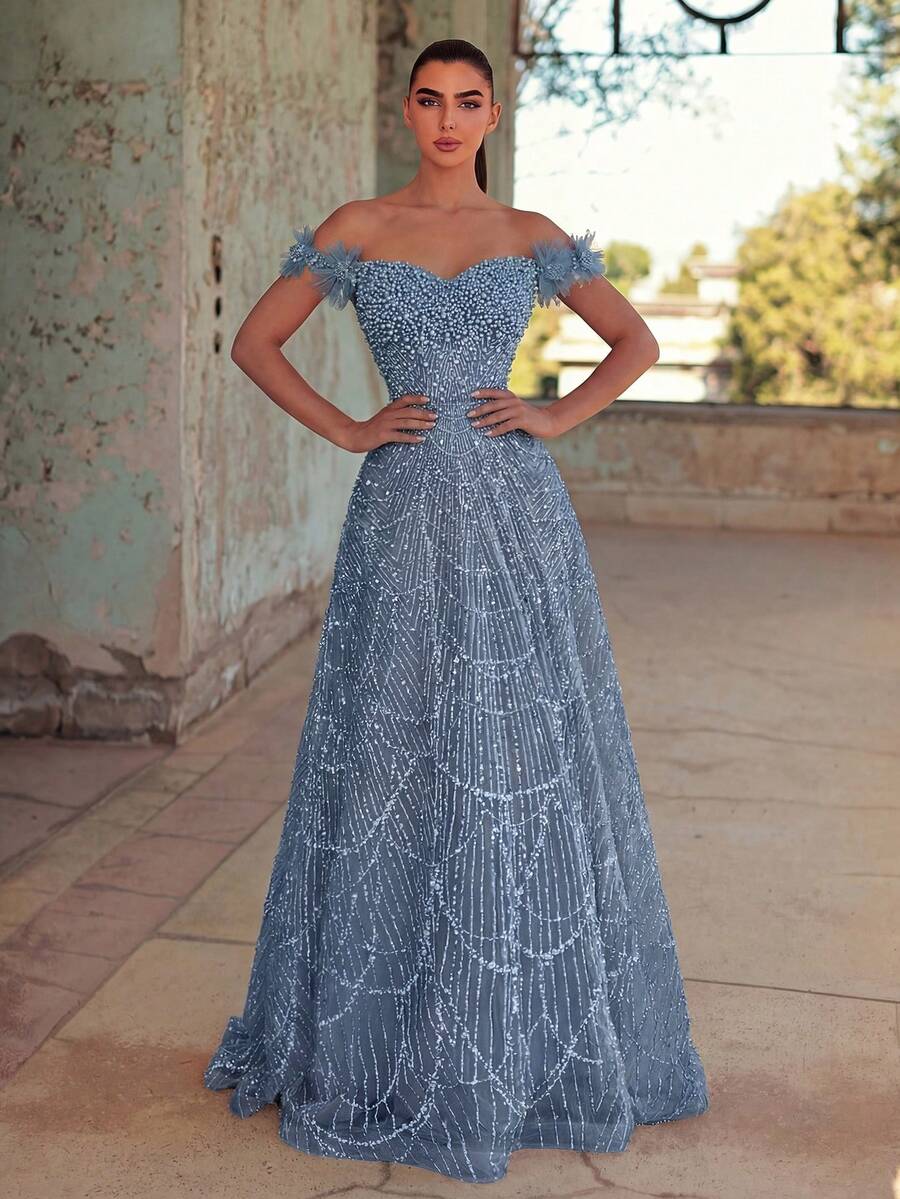 Faeriesty Women's Sparkling Sexy Off Shoulder Long Sequin Dress, Elegant Flared Hem Design, Suitable For Formal Occasions Such As Galas, Balls, And Dinners Wedding Party