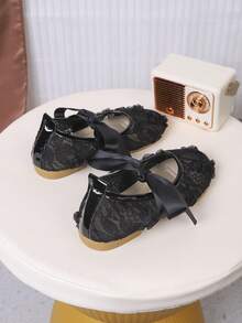 1 Pair Toddler Girls Floral Mesh Ballet Flats, Bow Decor Mary Jane Shoes, Non-Slip Slip-On Casual Shoes, Suitable For Children And Special Occasions, 1 Pair Children Lace Floral Mary Jane Flats, Girls Bow Ballet Shoes, Breathable Mesh Slip-On Dress Shoes, Suitable For School And Parties - Black - View 6