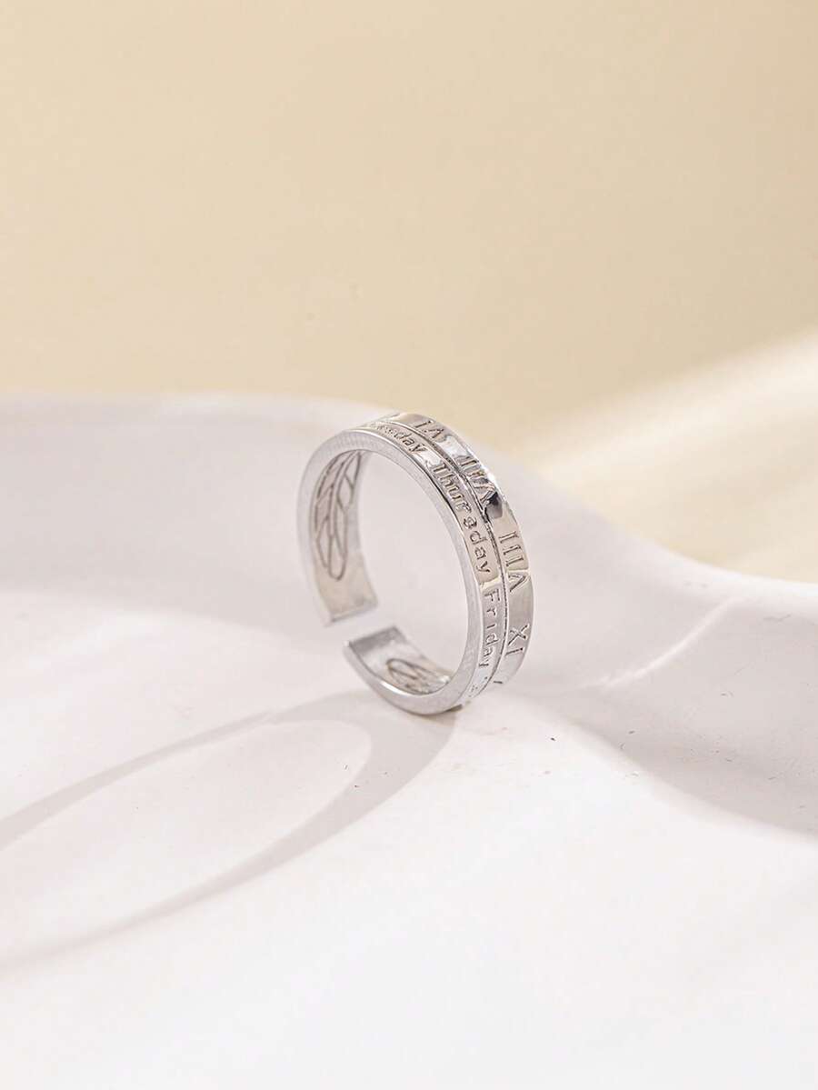 1 pieza Anillo abierto de cobre con números romanos Y2K, anillo de banda ajustable dorado/plateado, joyería minimalista apilable para adolescentes, regalo de vuelta al colegio - Multicolor - Ver 1