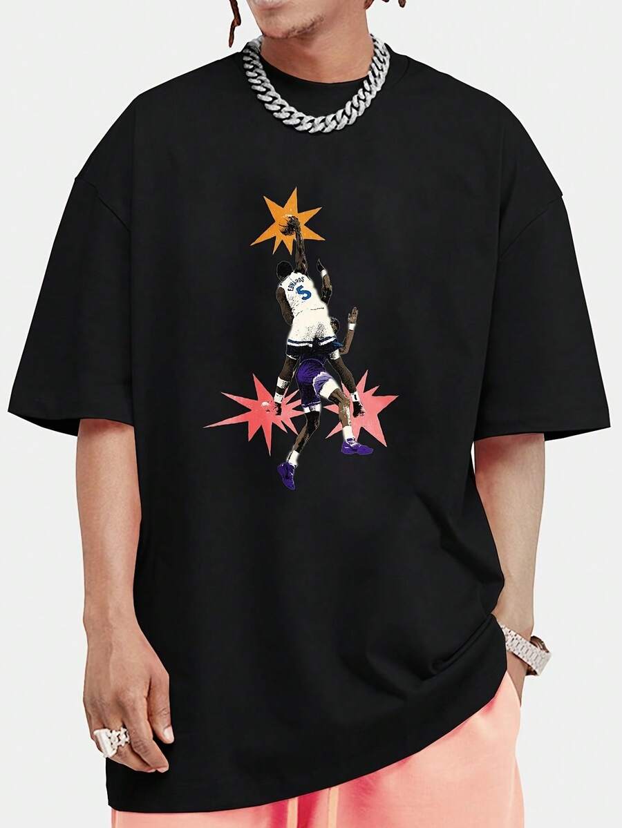 Herren- und Damen-Basketballspieler-Dunk-Star-Print Unisex 100% T-Shirt, weich, für alle Jahreszeiten geeignet, lässiges Streetwear-Essential, vielseitiger Stil für alle Jahreszeiten, erschwinglich für den tägl - Schwarz - Übersicht 1