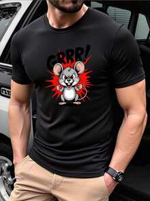 Men's Cartoon Angry Mouse Graphic T Shirt, Fashion Summer Crew Neck Short Sleeve, Breathable Comfortable Solid Color Versatile Casual Daily Wear - Black - View 6