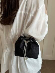 Bolso de cubo cruzado de unicolor con cordón y tejido calado, bolso pequeño, bolso de playa - Negro 5 - Ver 3