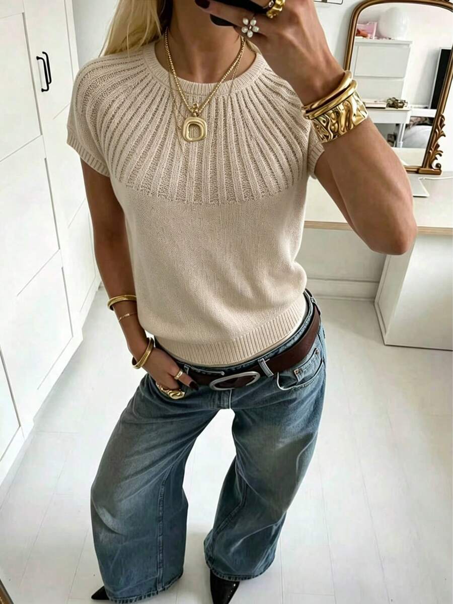 Women's Basic Knit Short Sleeve Regular Length Sweater, With Cable Knit Detail, Slightly Stretchy - Apricot - View 1