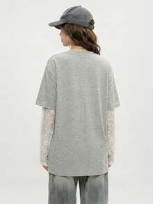JUTU Spring Summer Autumn All Seasons 2 In 1 Mesh Sleeve Round Neck Loose New Lace Patchwork Sleeve Floral Print Grey T-Shirt Avant-Garde Casual - Medium Gray - View 2