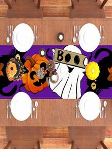 Camino de mesa de Halloween con estampado de fantasma de dibujos animados, gato negro, calabaza, murciélago y BOO sobre fondo púrpura, adecuado para decoración de ambiente de fiesta y decoración del hogar, interior y exterior, mesa de café, entrada, sala de estar y mesa de comedor - Varios estilos - Ver 5