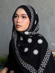 1件女款素色刺繡花卉極簡風披肩圍巾頭巾，刺繡，頭巾，女用圍巾，柔軟舒適多功能頭巾，適合日常穿著，四季皆宜 - 黑色刺繡 - 查看 5