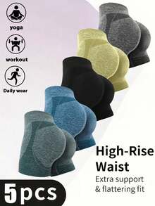 5Pcs High Waist Seamless Yoga Shorts, Anti-Roll Quick Dry, Tummy & Honey Hip Lift, Nude Stretch Anti-Exposure Running Fitness Tights - 混合色A - 查看 1