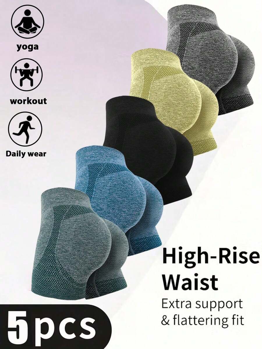 5Pcs High Waist Seamless Yoga Shorts, Anti-Roll Quick Dry, Tummy & Honey Hip Lift, Nude Stretch Anti-Exposure Running Fitness Tights - 混合色A - 查看 1