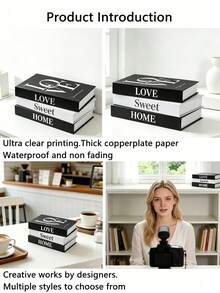 3 piezas/1 pieza Libros decorativos falsos Love+Sweet+Home, decoración del hogar con texto cálido, adecuado para sala de estar, dormitorio, soporte de TV, estantería, pared, esquina, entrada, vestíbulo, diseño de escritorio en capas, regalo para maestros - Blanco y Negro - Ver 8