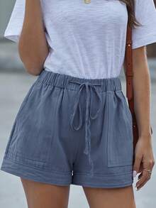Women's Casual Shorts With Adjustable Drawstring, Elastic Waistband, Solid Color, Lightweight, For Summer Beach, With Pockets - 中藍色 - 查看 3