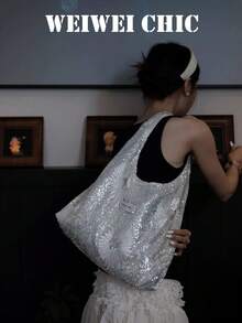 Silver Sequin Daisy Embroidered Shoulder Bag, Minimalist Label Decor Wide Strap Slouchy Underarm Bag, Large Capacity Casual Tote, 2026 Spring/Summer Fashion Essential For Women And Daily Outfit Enthusiasts, Perfect For Weekend Shopping, Coffee Dates, Friend Gatherings And Casual City Walks - View 4