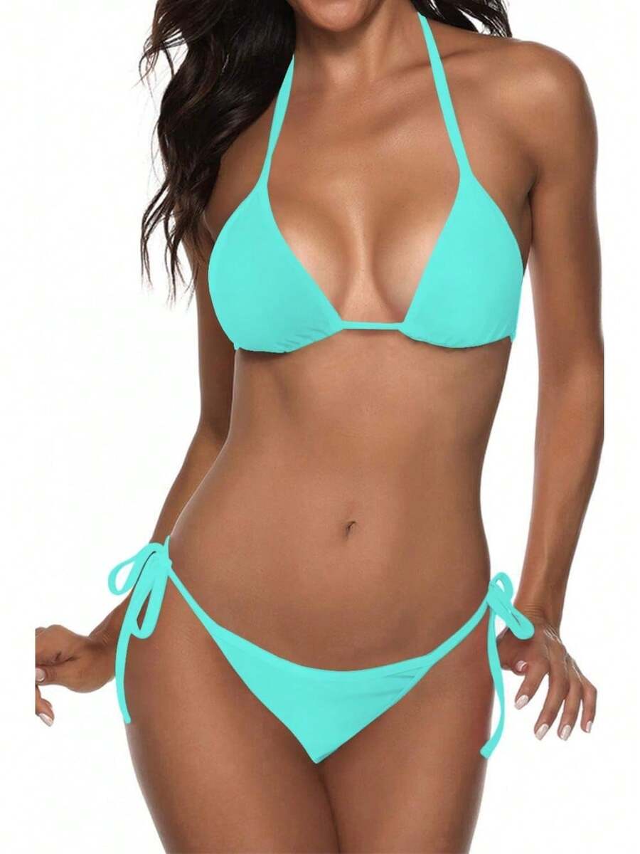 Women Two Piece Swimsuit Sexy Swimwear Halter String Triangle Bikini Sets - Aqua - View 1
