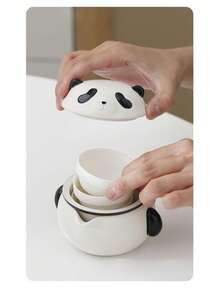 1 Set Portable Panda Tea Set, Outdoor Ceramic Teapot With Strainer And 3 Tea Cups, Suitable For Travel, Camping, Picnic, Cute Gift For Tea Lovers - Multicolor - View 4