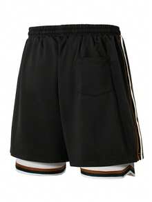 Vintage Colorful Striped Casual Shorts, Multi-Layer Ribbed Hem Side Button Loose Daily Shorts - Black - View 5