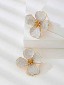 1 par de pendientes estilo vintage con pintura de arena movediza de flores, diseño exagerado de nicho con pétalos, joyería de oreja de lujo ligero de alta gama - Blanco - Ver 5