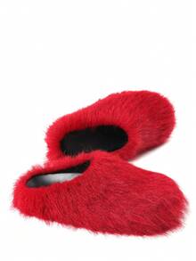 Womens Faux Fur Slippers Round Toe Fuzzy Fluffy Flat Warm Furry Bedroom Slipper Home Slides Thick Plush Indoor Outdoor Flat Summer Sandals For Women - 紅毛 - 查看 2