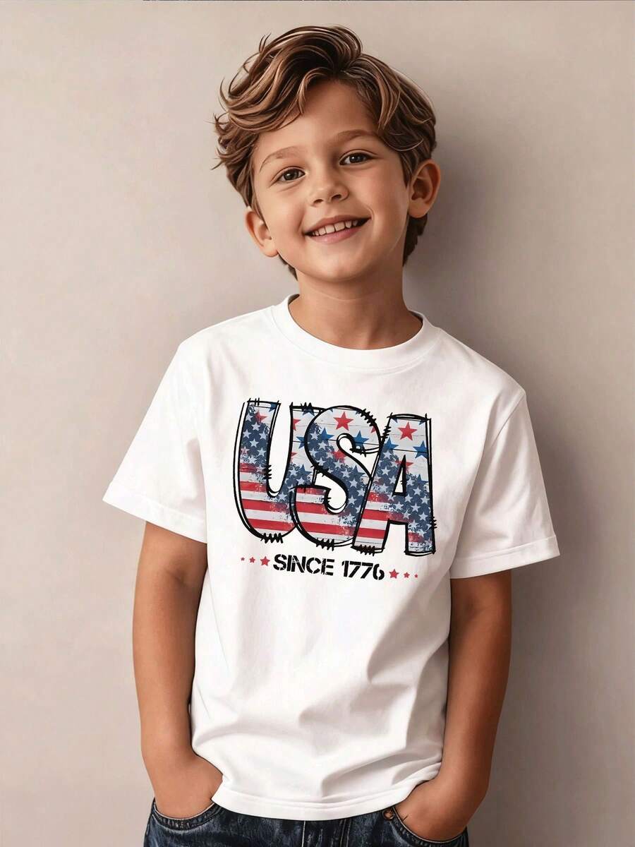 Casual And Stylish T-Shirt For Boys With The American Flag With Stars And Stripes, Suitable For Children Ages 5-13, Perfect For Parties, Holidays Or Sports Activities - 白色 - 查看 1