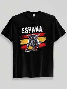 Spanish Bullfighting Pattern Retro Fashion T-Shirt, Comfortable Material, Short-Sleeved Top, Suitable For All Seasons, Festival And Birthday Gift - 黑色 - 查看 1