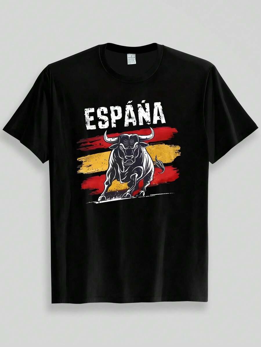 Spanish Bullfighting Pattern Retro Fashion T-Shirt, Comfortable Material, Short-Sleeved Top, Suitable For All Seasons, Festival And Birthday Gift - 黑色 - 查看 1