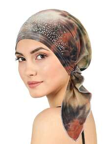 Rhinestone Decor Tie Dye Pre-Tied Hijab For Women, Elastic Stretch Islamic Headscarf Turban Cap, Soft Hair Loss Head Wrap Head Cover - Color - View 10