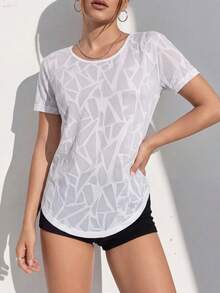 1pc Women's Knitted Jacquard T-Shirt, Back Hollow Design, Cross Hem Design, Yoga And Other Activities Sports White - White - View 2