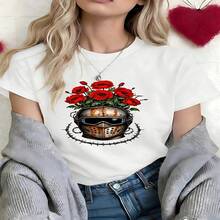 Edgy Floral Helmet Graphic T-Shirt, 100% Cotton Oversized Soft Breathable Casual Crewneck Short Sleeve Top, Streetwear Aesthetic Summer Vibes Tee For Women & Art Lovers - 白色 - 查看 18