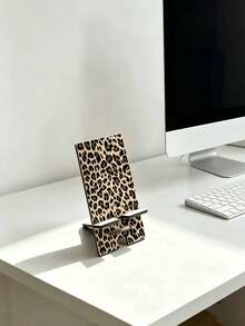 Leopard Print Phone Stand | Portable Wooden Phone Holder | Stand And Accessories | Dual-Layer Height Adjustable | Suitable For Office, Study, Travel And Leisure | Mobile Accessories | Home Decor | Decorative Storage - Multicolor - View 10