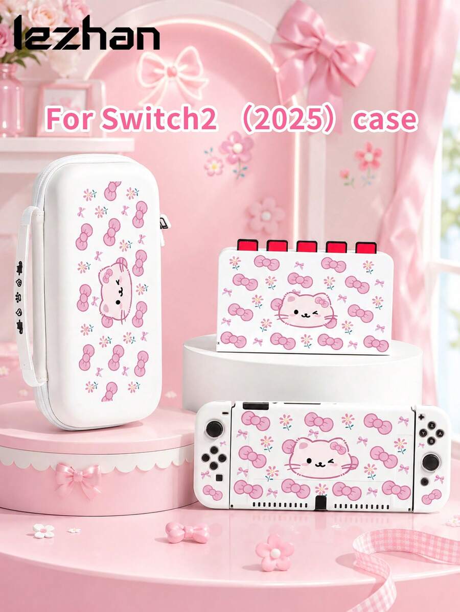 New Switch2 (2025) Game Console Accessories, 1pc Pink Kitten One-Sided Bow Daisy Print Pattern Protective Case/Cover, Compatible With Switch2/Switch NS/Switch OLED/Lite, Suitable For Switch2/Switch Game Console Accessories, Full Set, Storage Bag, Game Card Case, Switch Protective Case, Best Gift For Switch Players - Multicolor - View 1
