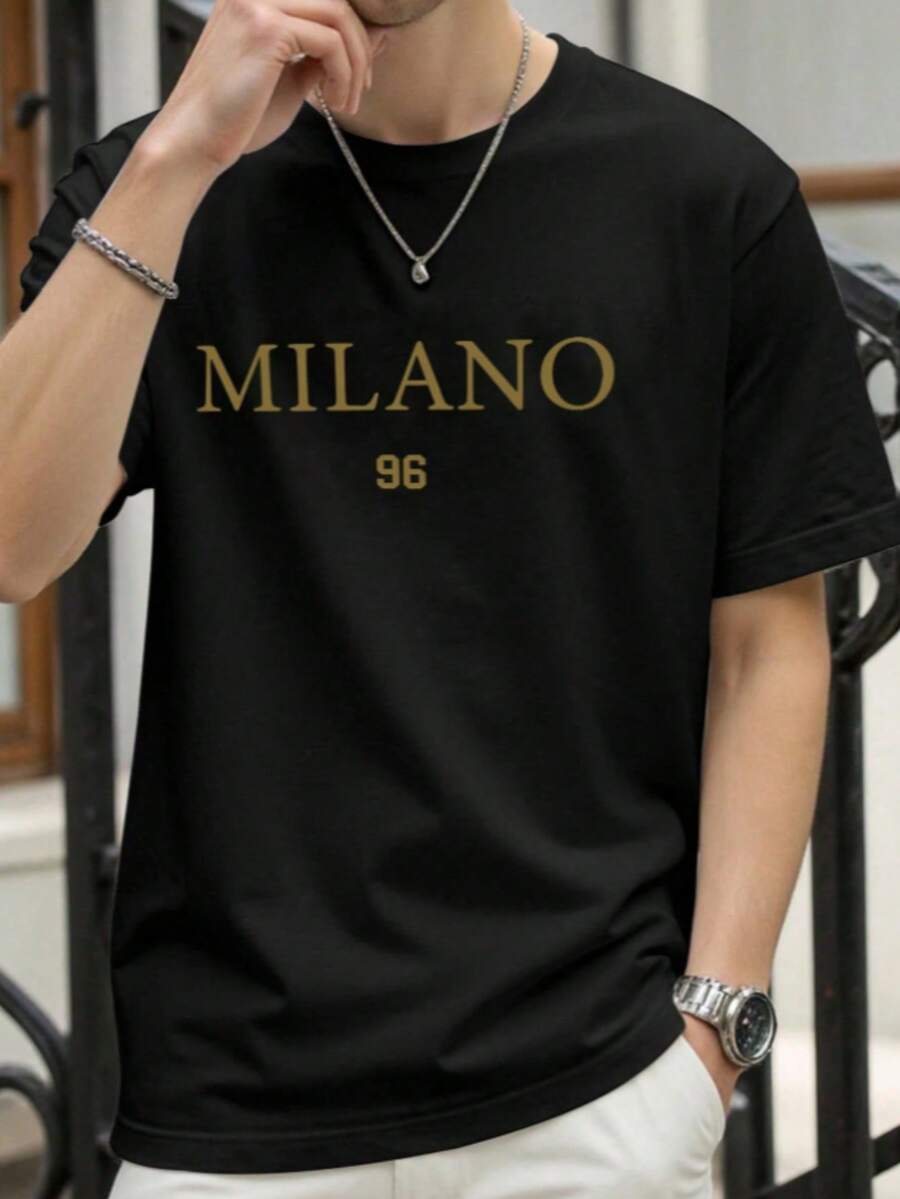 Camiseta De Hombre De Hombros Caídos De Gran Tamaño Con Impresión De Letras - Negro - Ver 1