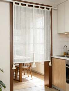 1 pieza Cortina de puerta estilo boho de lino con bordado a rayas, cortina de privacidad para entrada con borla, panel de cortina de encaje transparente estilo granja para cocina, baño, dormitorio, pasillo, con parte superior de suspensión - Beis - Ver 9