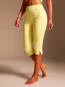 XLLAIS Women's Yellow High Elasticity Casual Sports Fitness Split Hem Capri Pants, Summer, Athleisure - Yellow - View 2