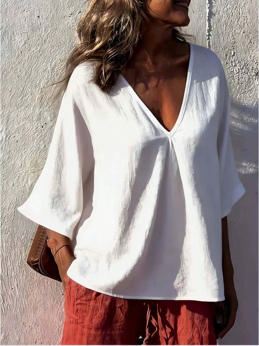 Plus Size Vintage Textured Deep V-Neck Batwing Sleeve Top, Suitable For Spring, Autumn, Summer Daily And Vacation Wear White - White - View 1
