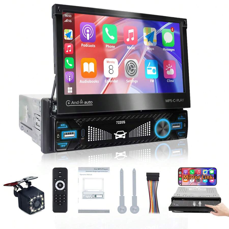 1DIN Car Stereo With Retractable Touchscreen, Mirrorlink, Bluetooth, 7-Inch USB Car Audio, Camera, FM, MP5, RCA, Black - A - View 1