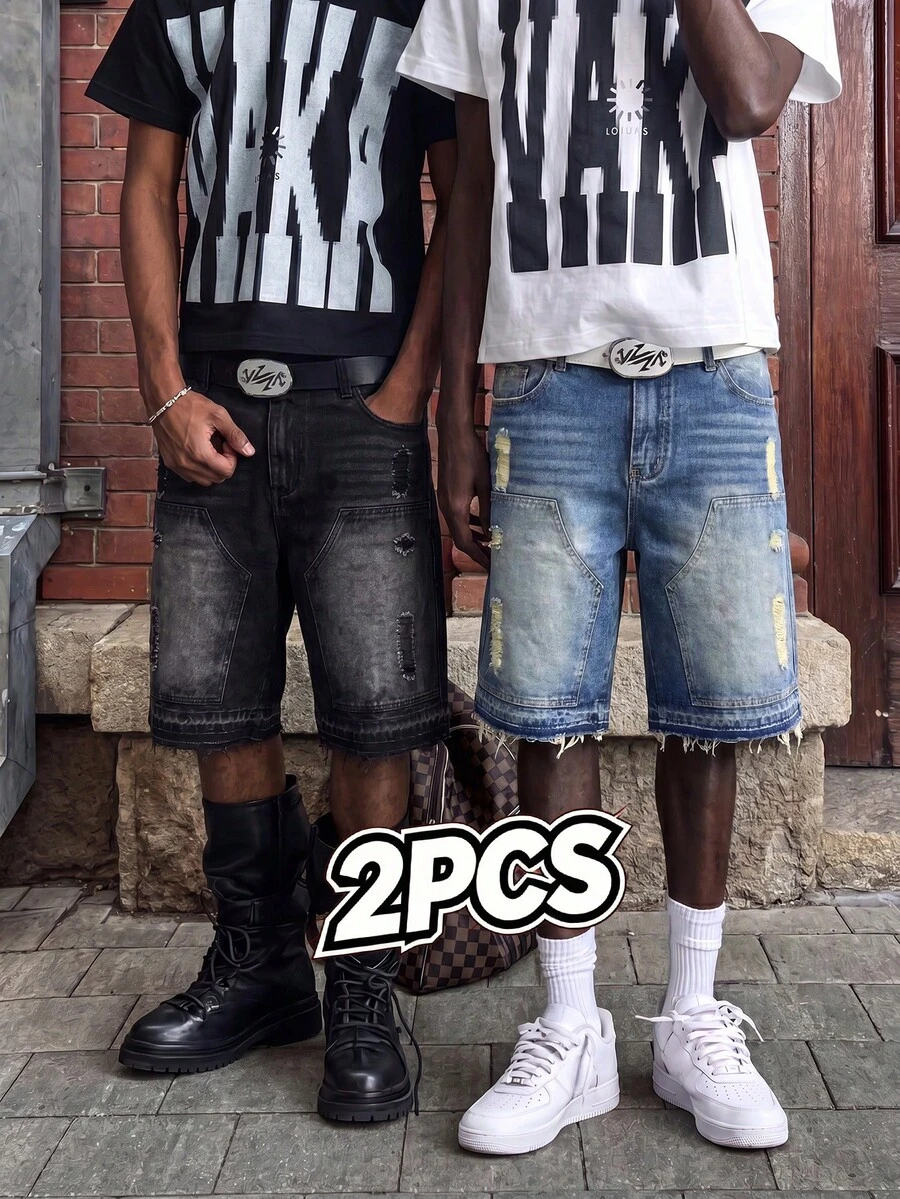 2pcs/Pack American Street Style Distressed Frayed Denim Shorts, Men's Loose Straight Leg Fit, 2 Colors, Summer Casual Commuter Shorts - Multicolor - View 1